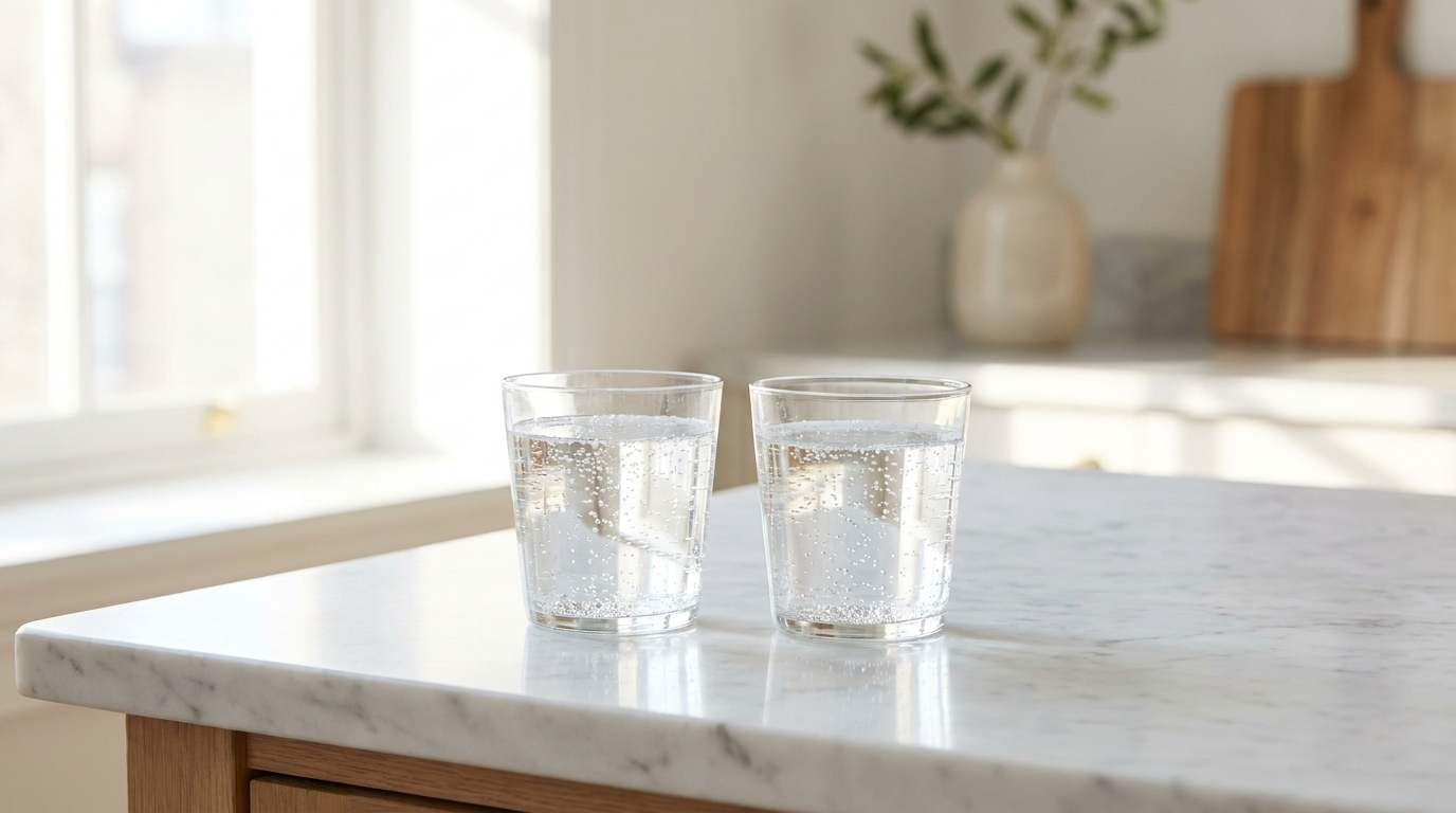 Two clear glasses of water on a kitchen counter